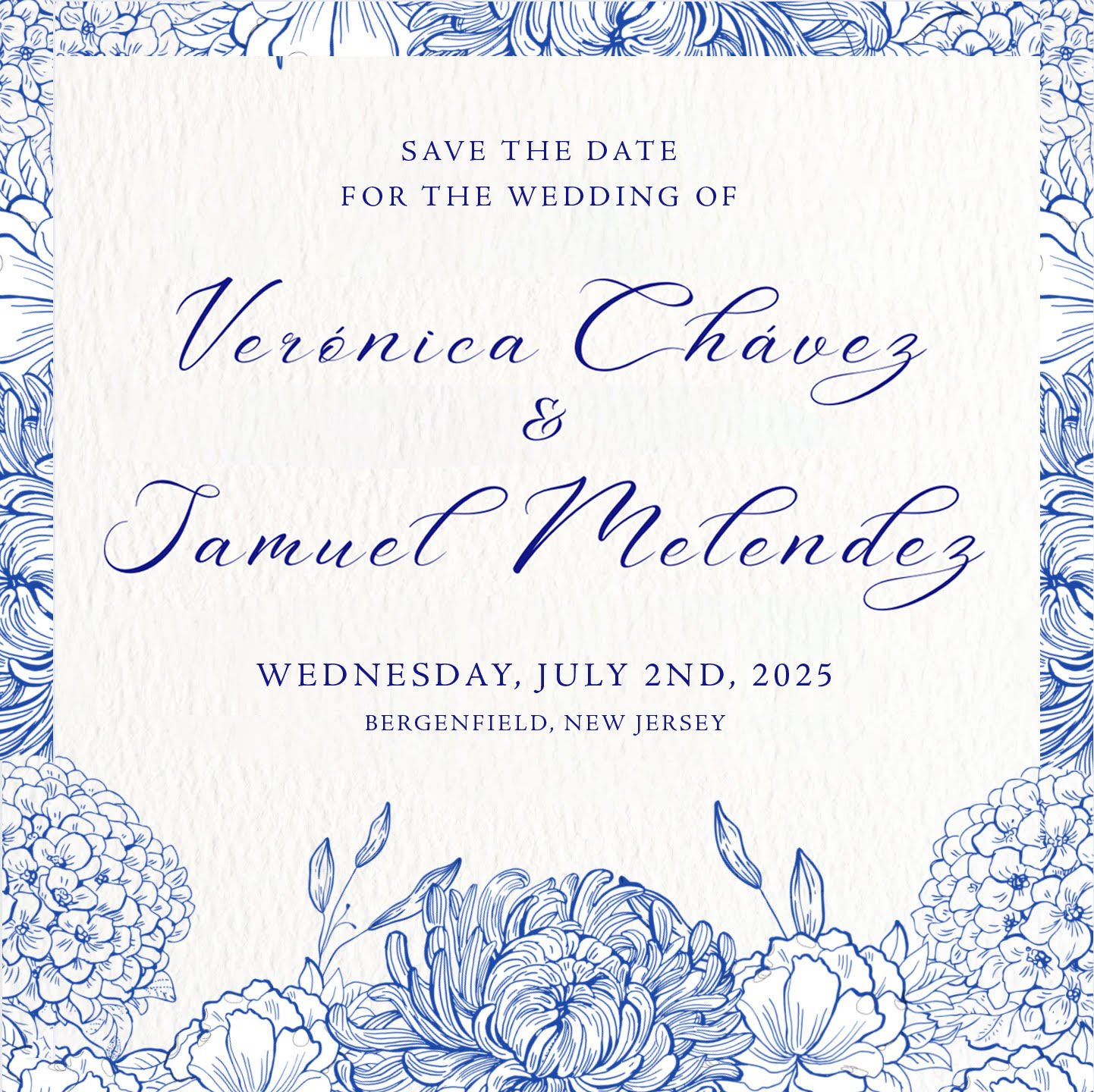 Blue toile wedding save the date